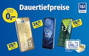 Drei aktuelle Smartphones mit den Preisen und der Überschrift "Dauertiefpreise"