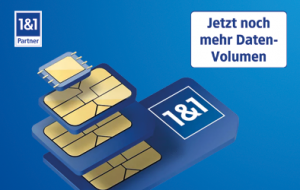 SIM-Karten mit 1&1 Logo und Claim "Jetzt noch mehr Datenvolumen"